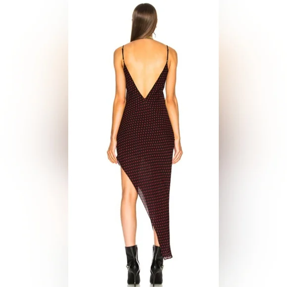 AMIRI Black With Red Polka Dots Asymmetrical Low Back Silk Dress - Picture 2 of 8